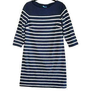 J McLaughlin Women's Navy Blue White Brinker Striped Boat Neck 3/4 Sleeve Dress